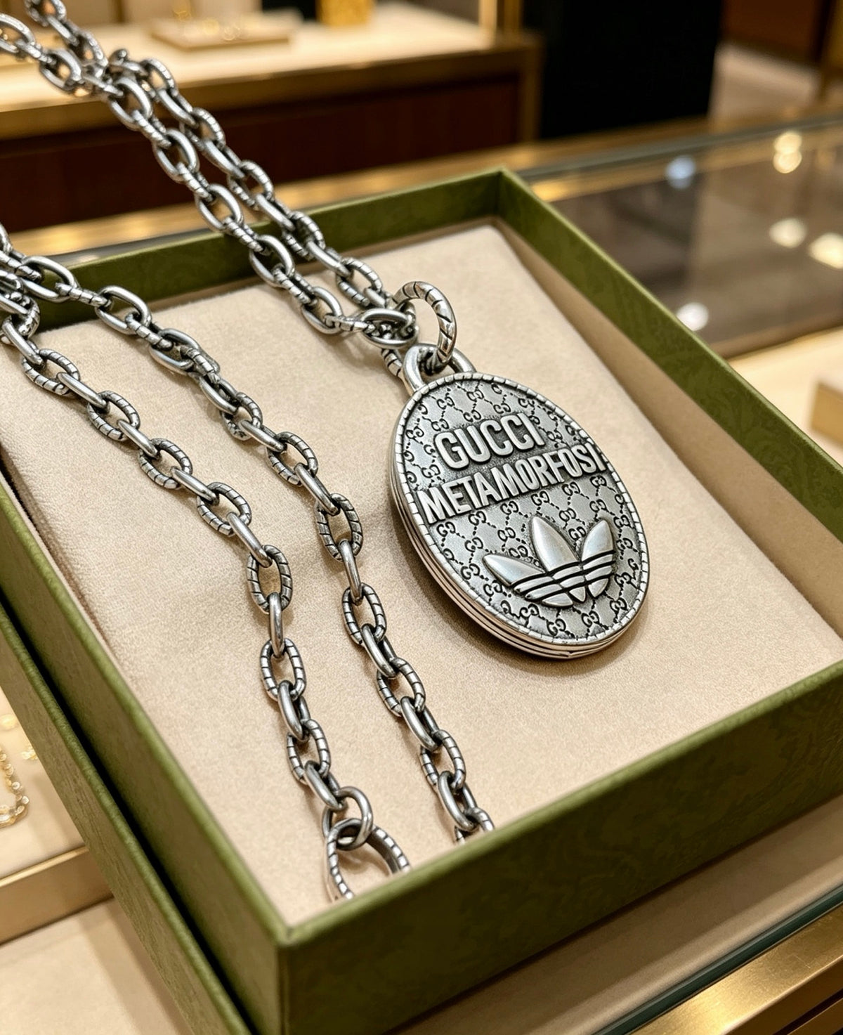 Double-G Emblem Pendant Necklace in Silver-Tone – Vintage Detail – Design 033 main product view