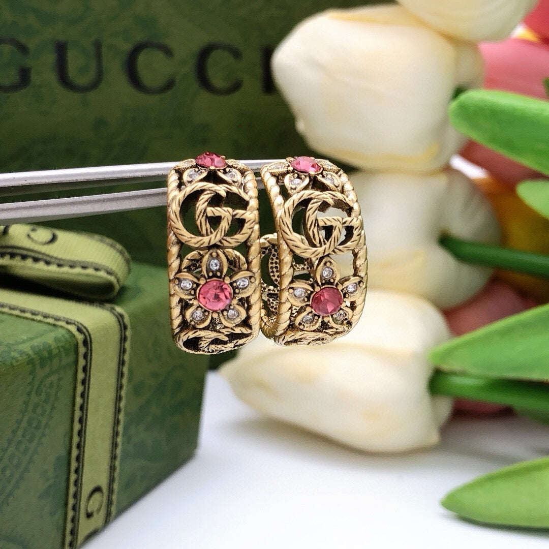 Geometric Emblem Stud Earrings in Polished Metal-Tone – Vintage Detail – Design 003 front product view