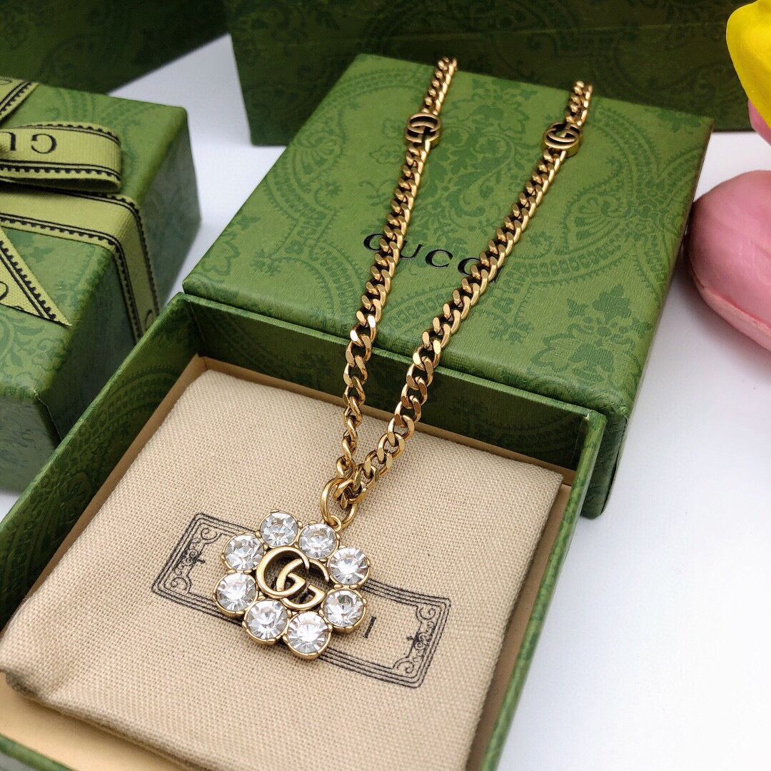 Geometric Emblem Pendant Necklace in Polished Metal-Tone – Crystal Detail front product view