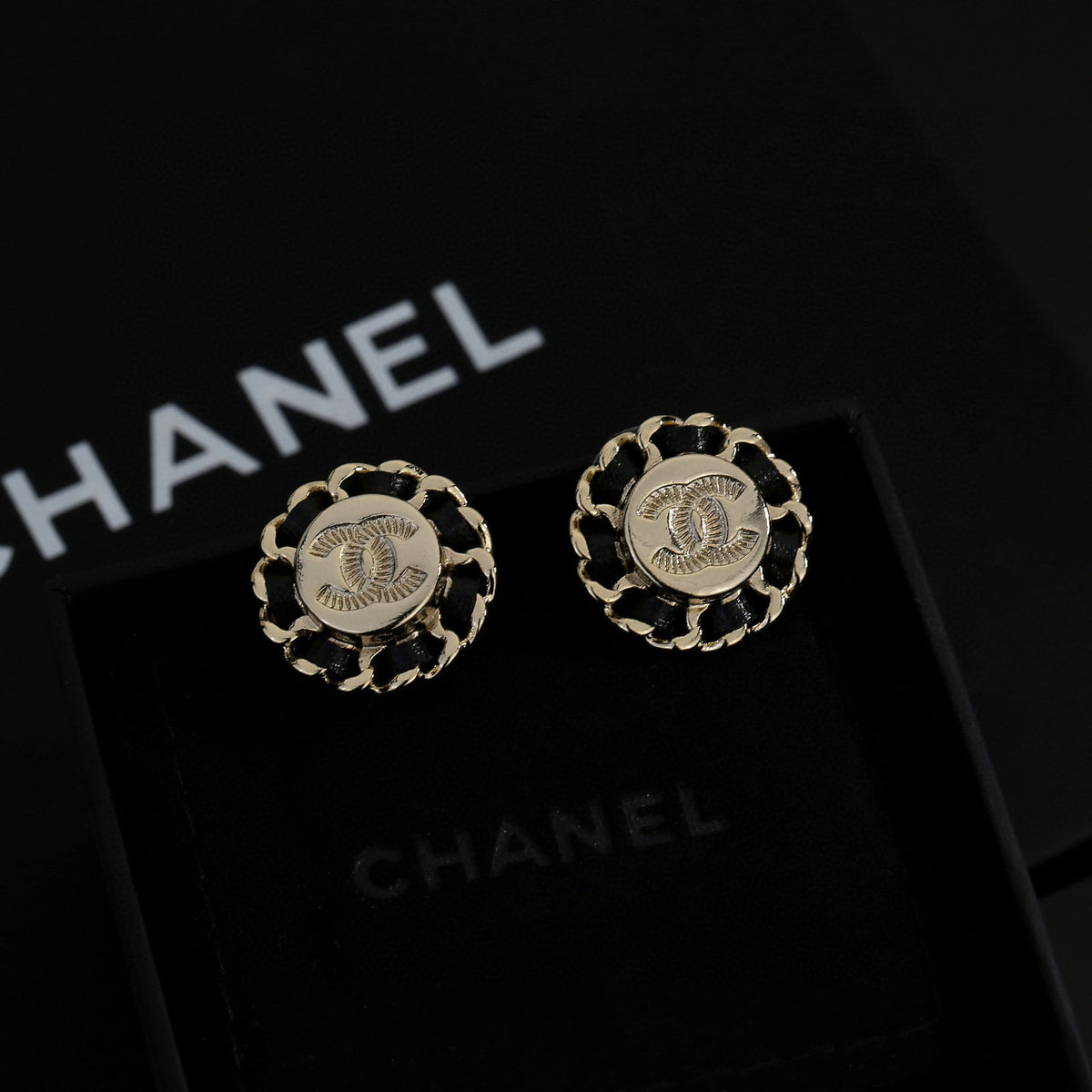 Double-C Emblem Stud Earrings in Gold-Tone – Design 017 side detail