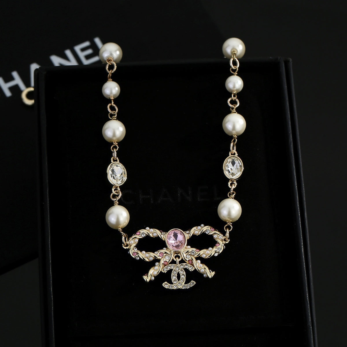 Bow Pearl-Detail Pendant Necklace – Pearl Detail – Design 005 main product view