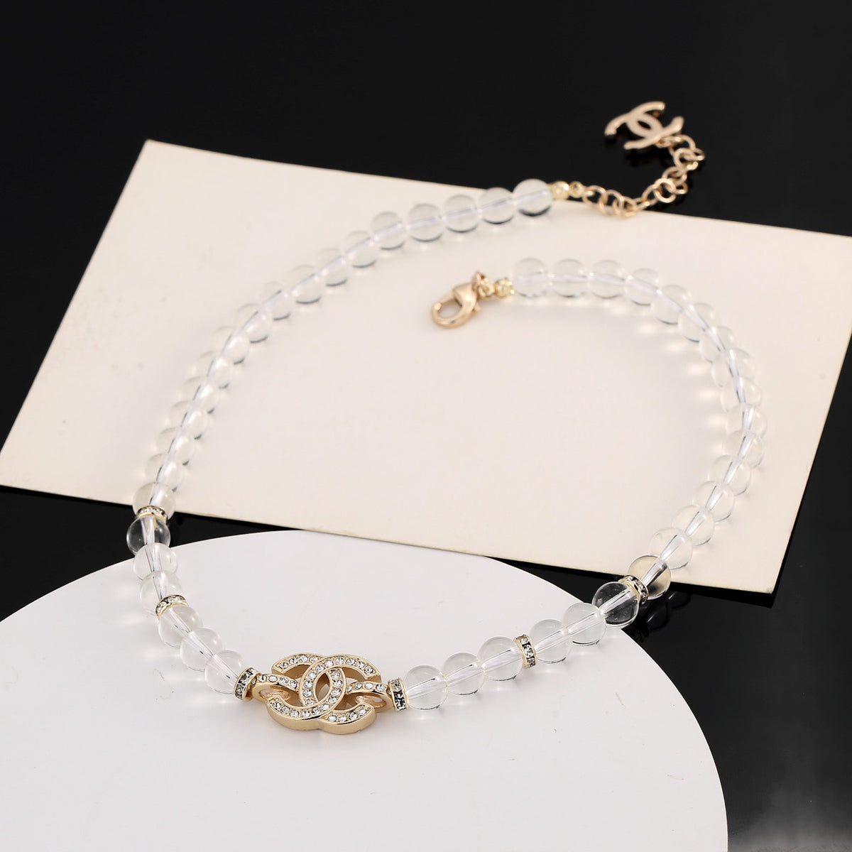 Double-C Emblem Pendant Necklace in Polished Metal-Tone – Design 031 front product view