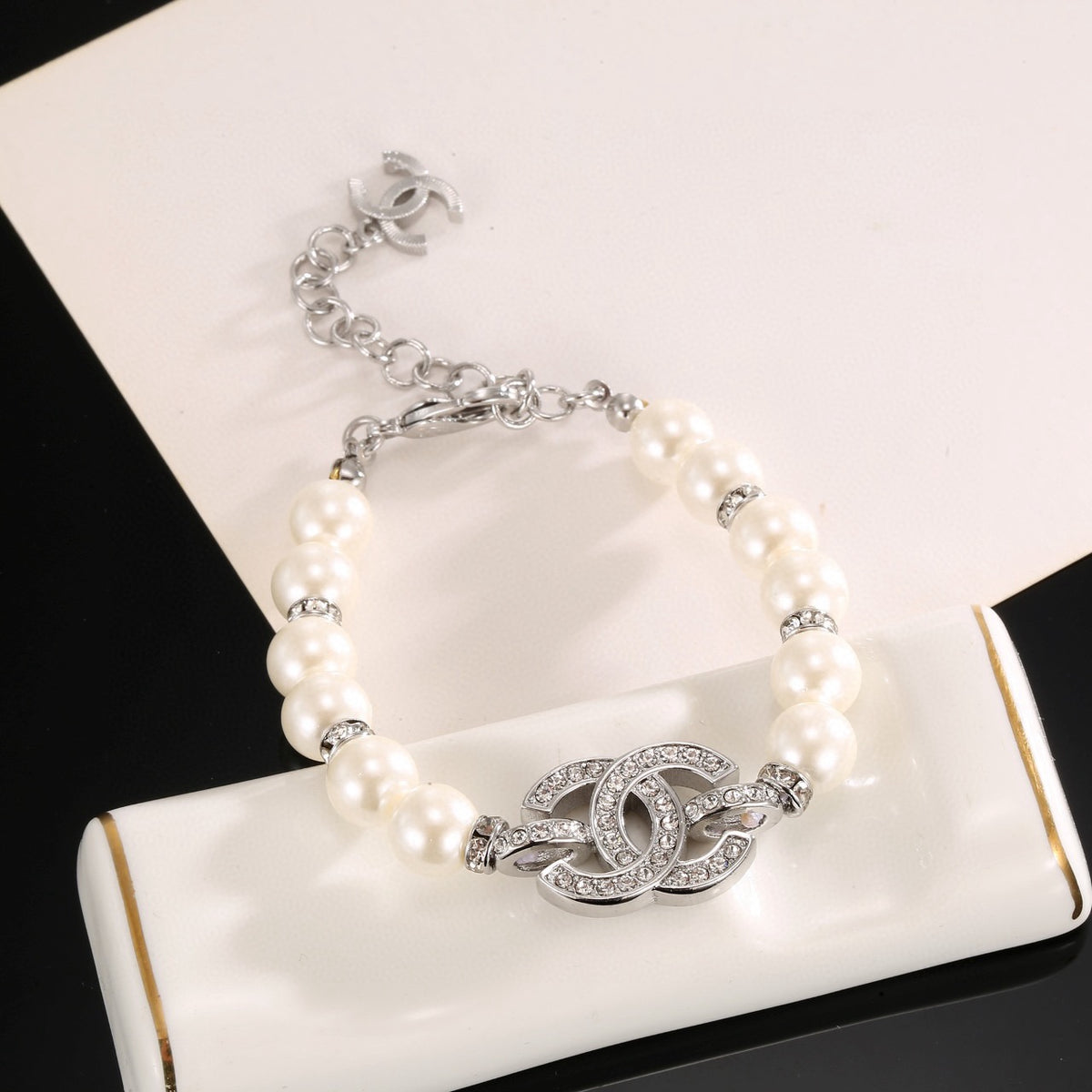 Double-C Emblem Bracelet in Gold-Tone – Pearl Detail – Design 004 detail view