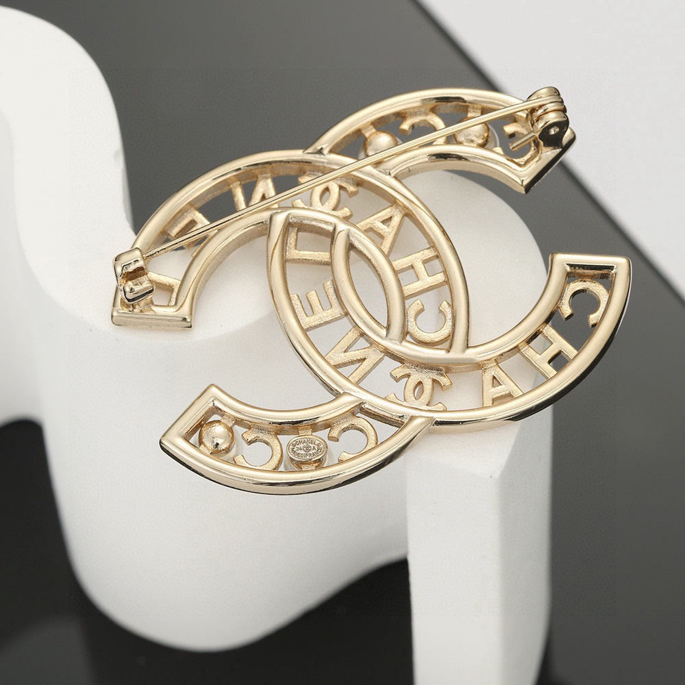 Double-C Emblem Brooch in Gold-Tone – Pearl Detail – Design 003 styled product view