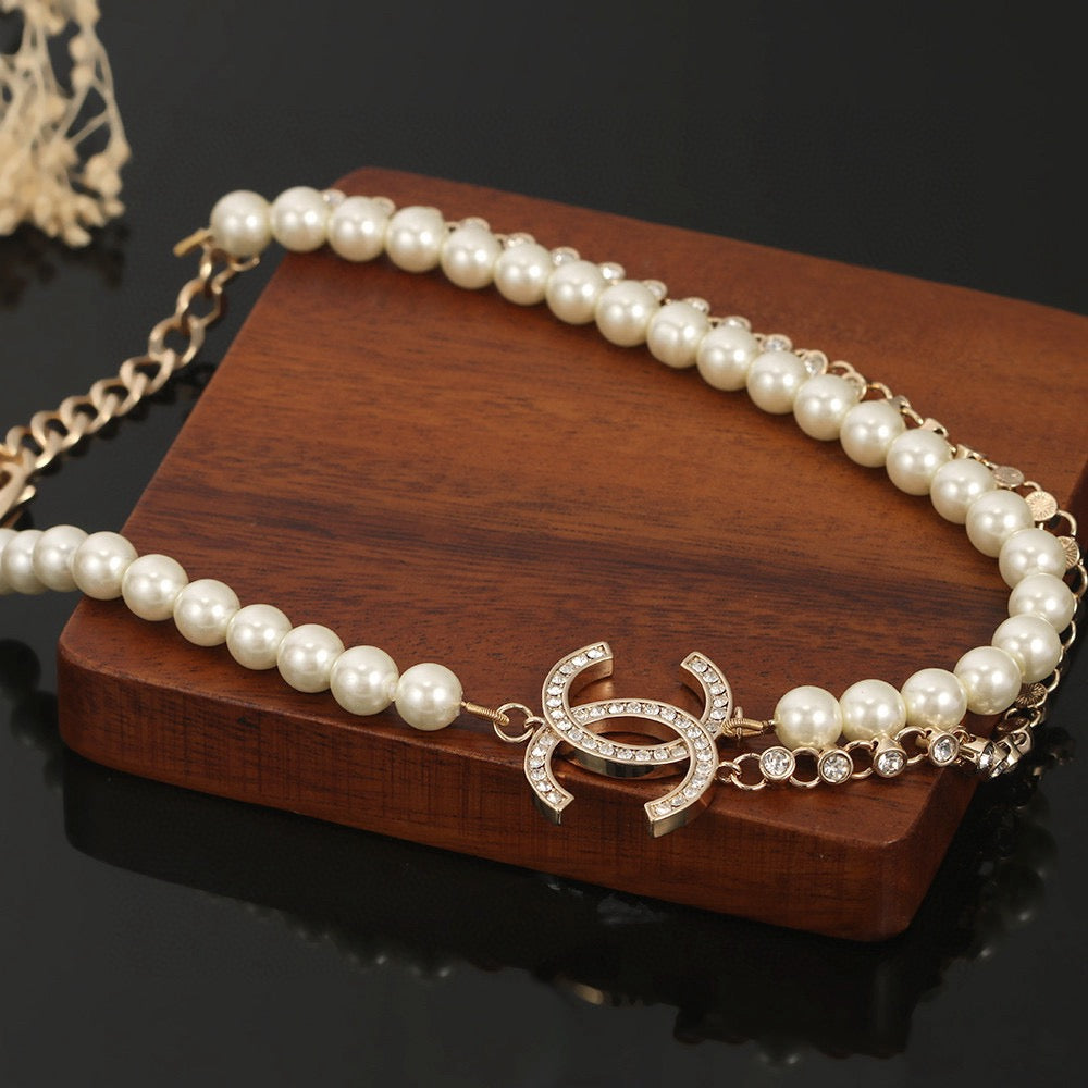 Double-C Emblem Pearl-Detail Pendant Necklace – Pearl Detail – Design 055 main product view