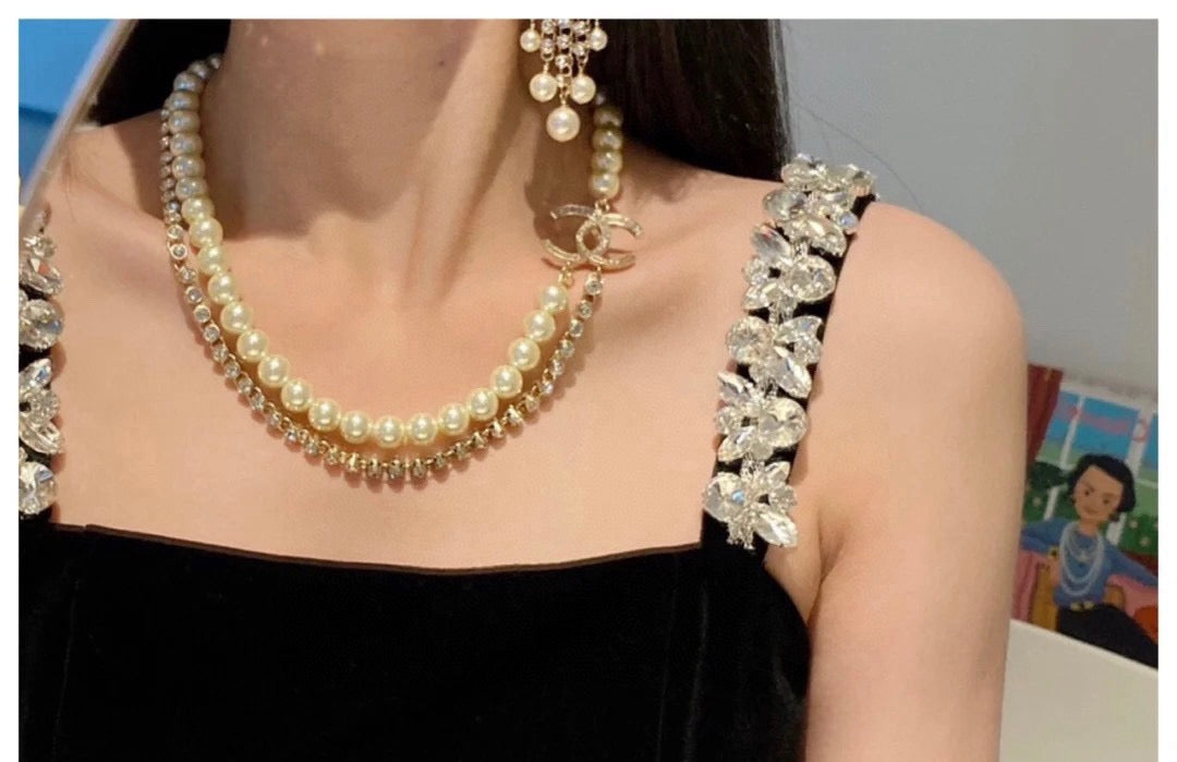 Double-C Emblem Pearl-Detail Pendant Necklace – Pearl Detail – Design 055 styled product view