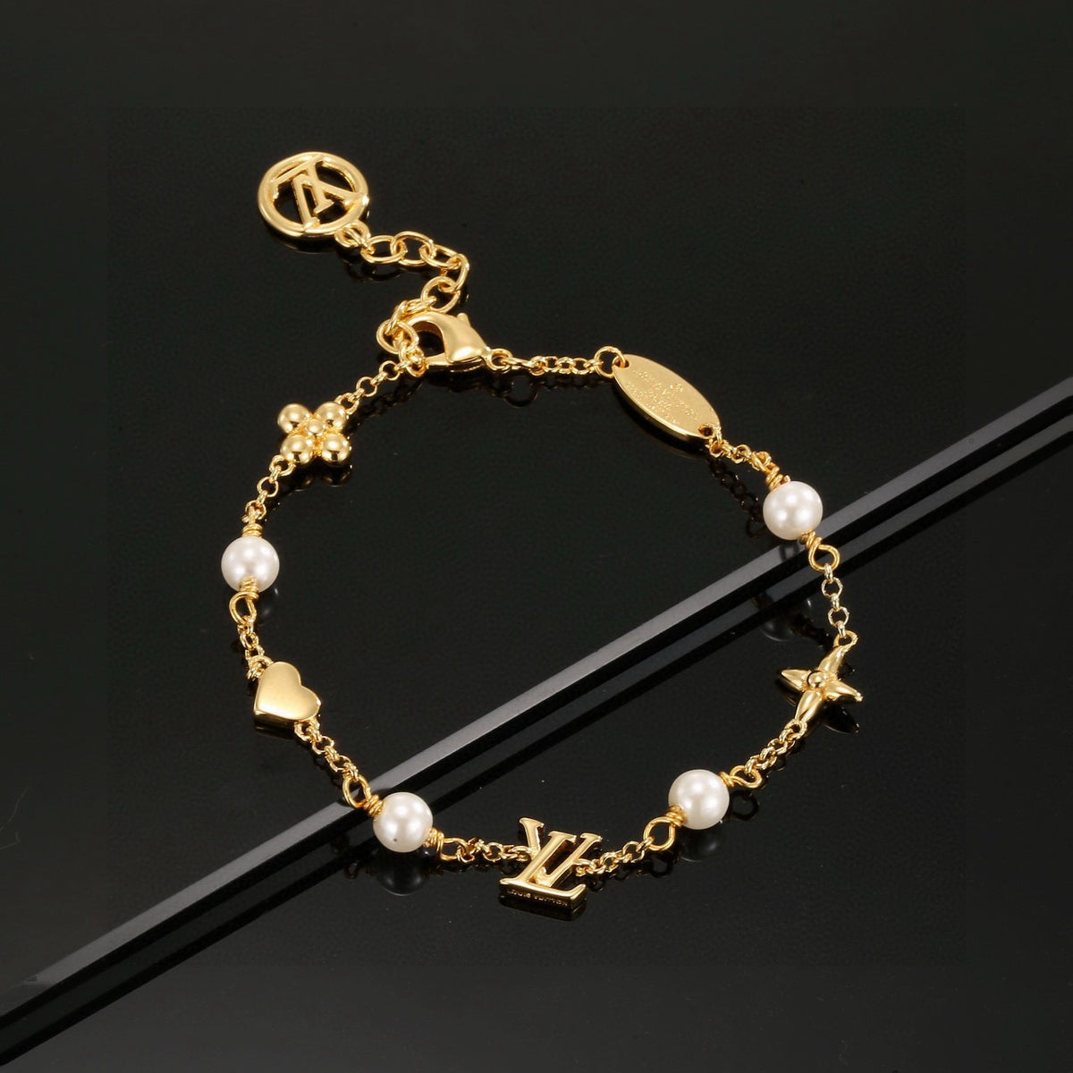 Letter Emblem Bracelet in Polished Metal-Tone – Design 025 close-up detail