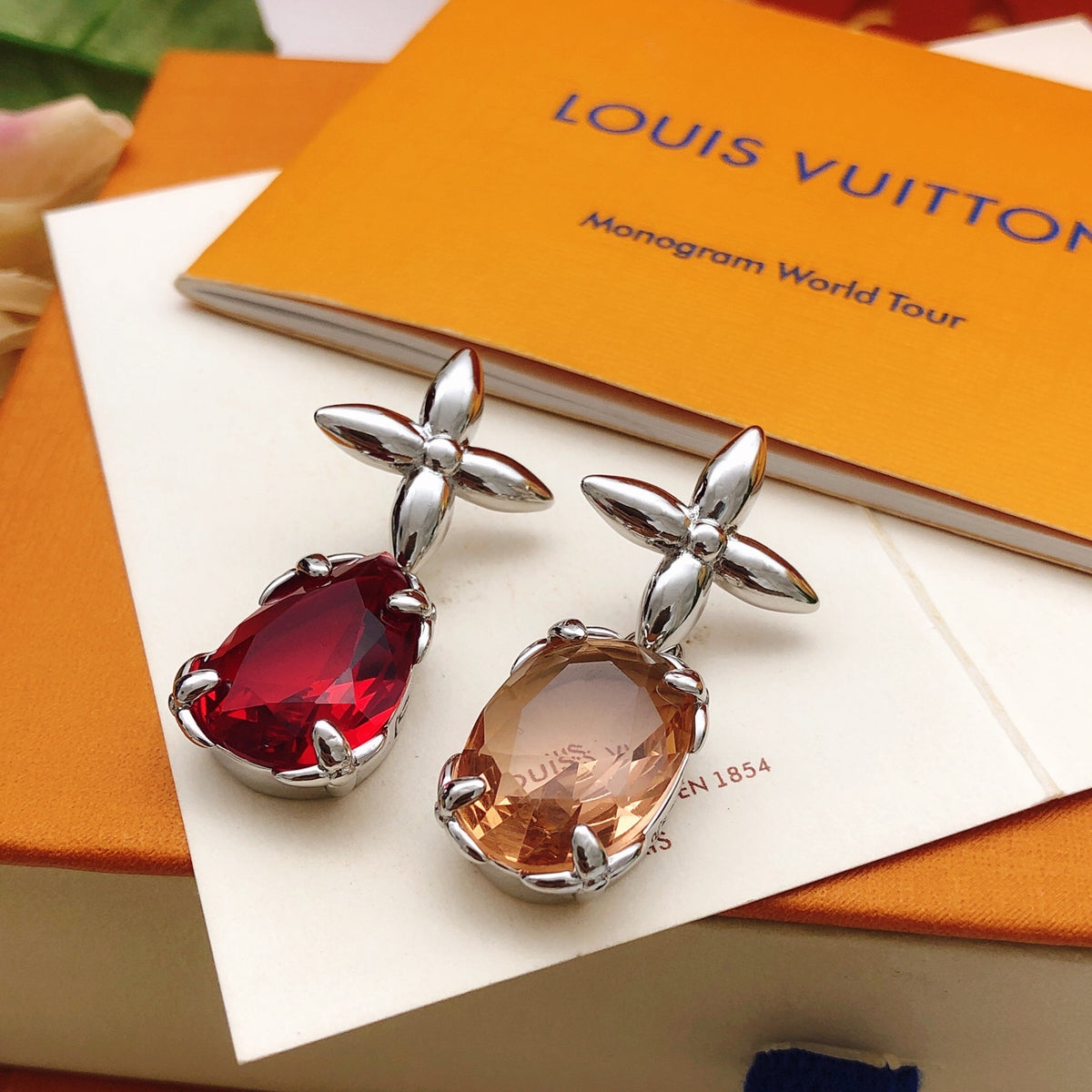 Geometric Emblem Stud Earrings in Gold-Tone – Red Detail – Design 002 main product view