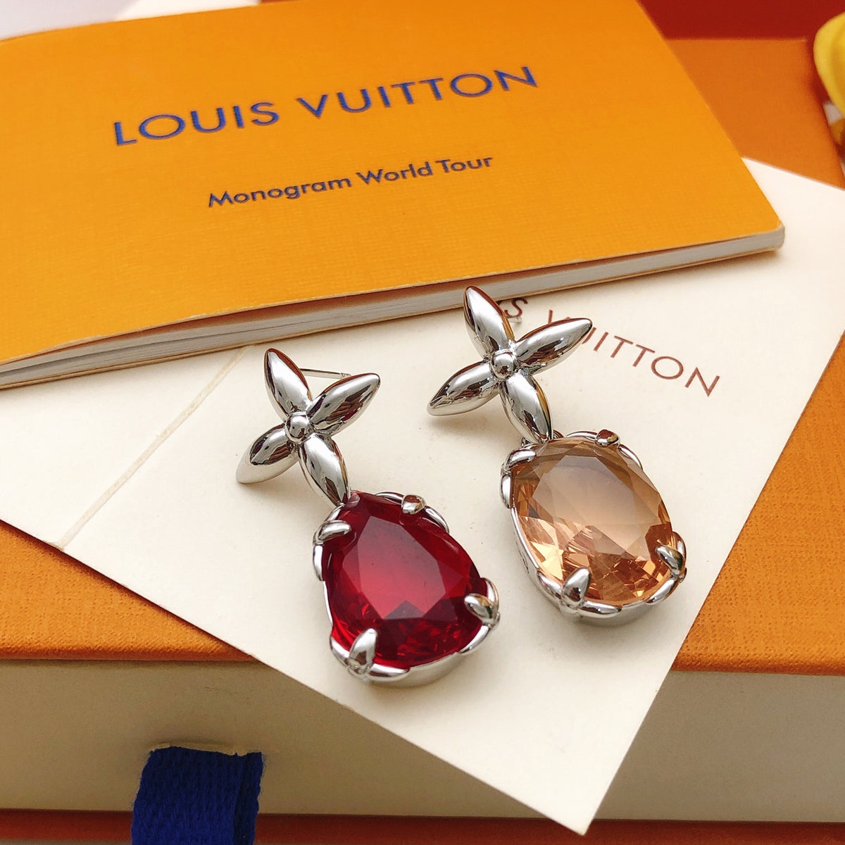 Geometric Emblem Stud Earrings in Gold-Tone – Red Detail – Design 002 front product view