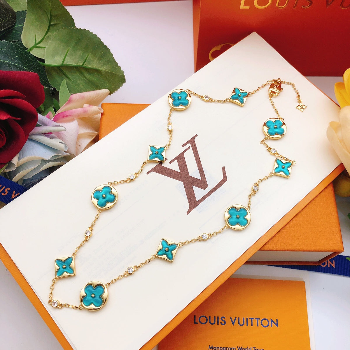Geometric Emblem Pendant Necklace in Gold-Tone – Blue Detail – Design 003 close-up detail