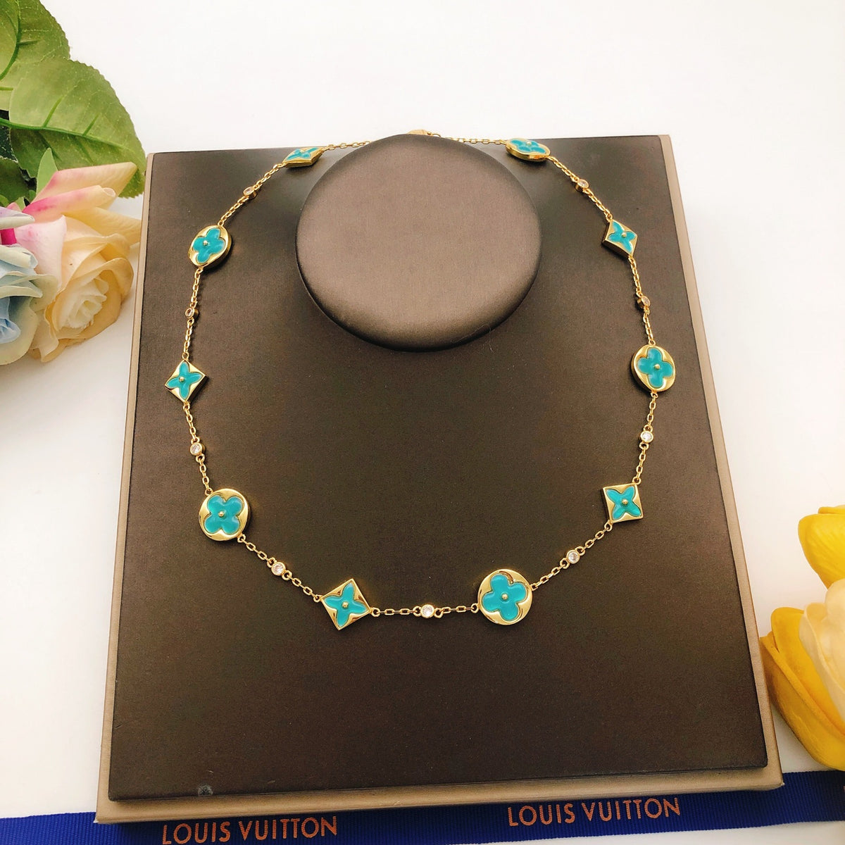 Geometric Emblem Pendant Necklace in Gold-Tone – Blue Detail – Design 003 front product view