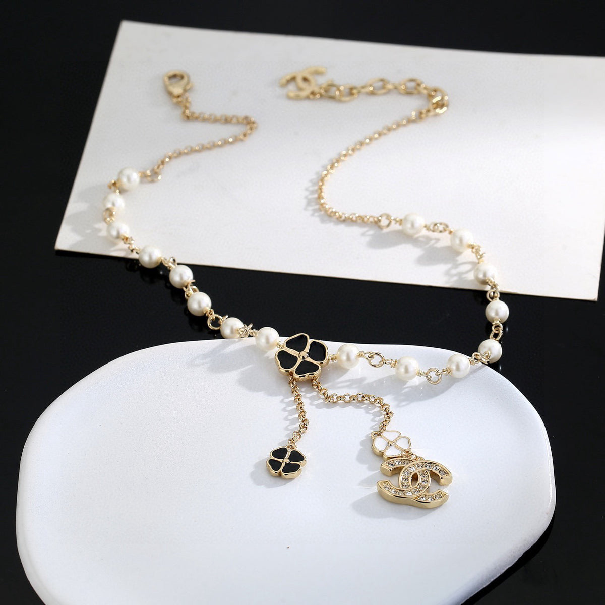 Double-C Emblem Pearl-Detail Pendant Necklace – Pearl Detail – Design 082 close-up detail