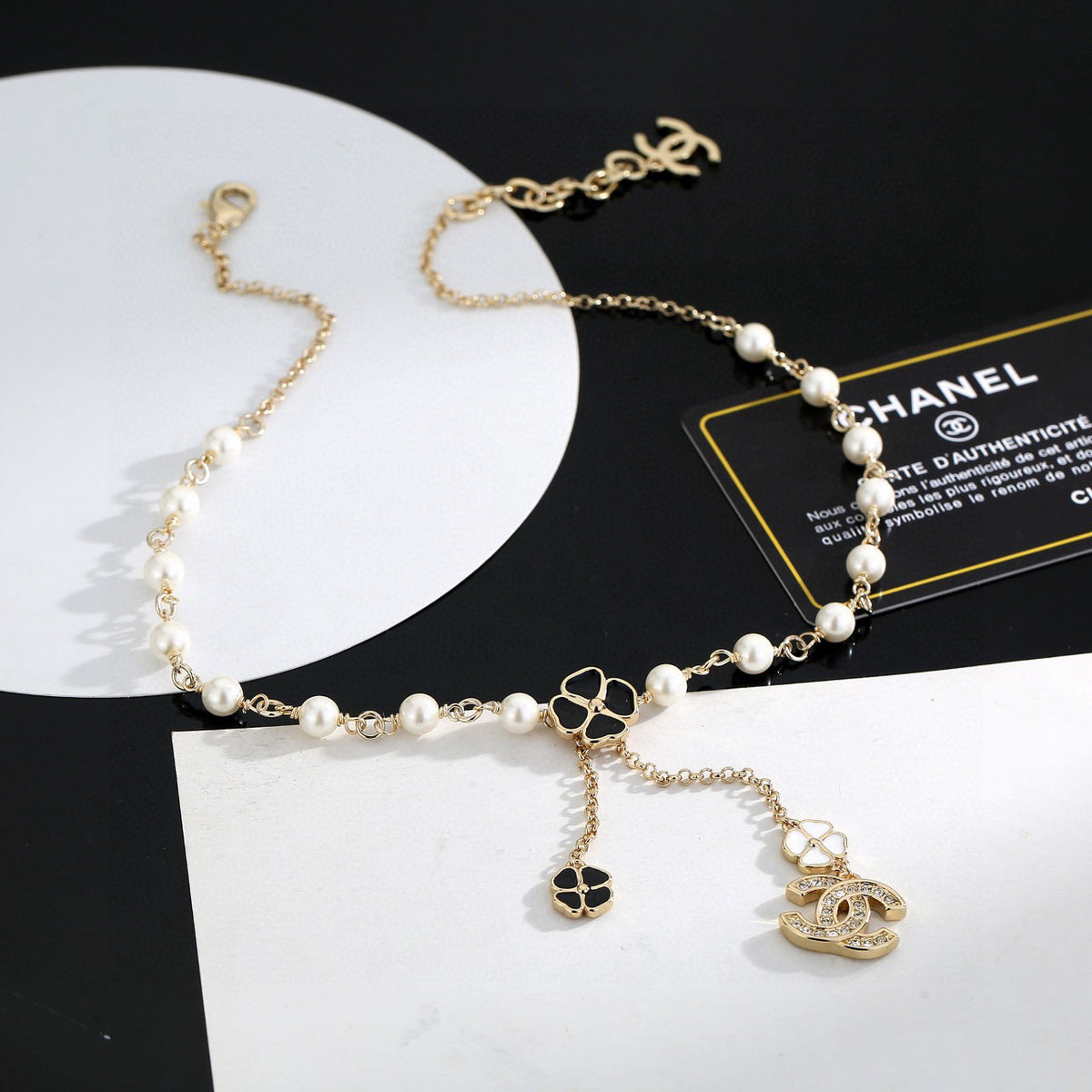 Double-C Emblem Pearl-Detail Pendant Necklace – Pearl Detail – Design 082 detail view