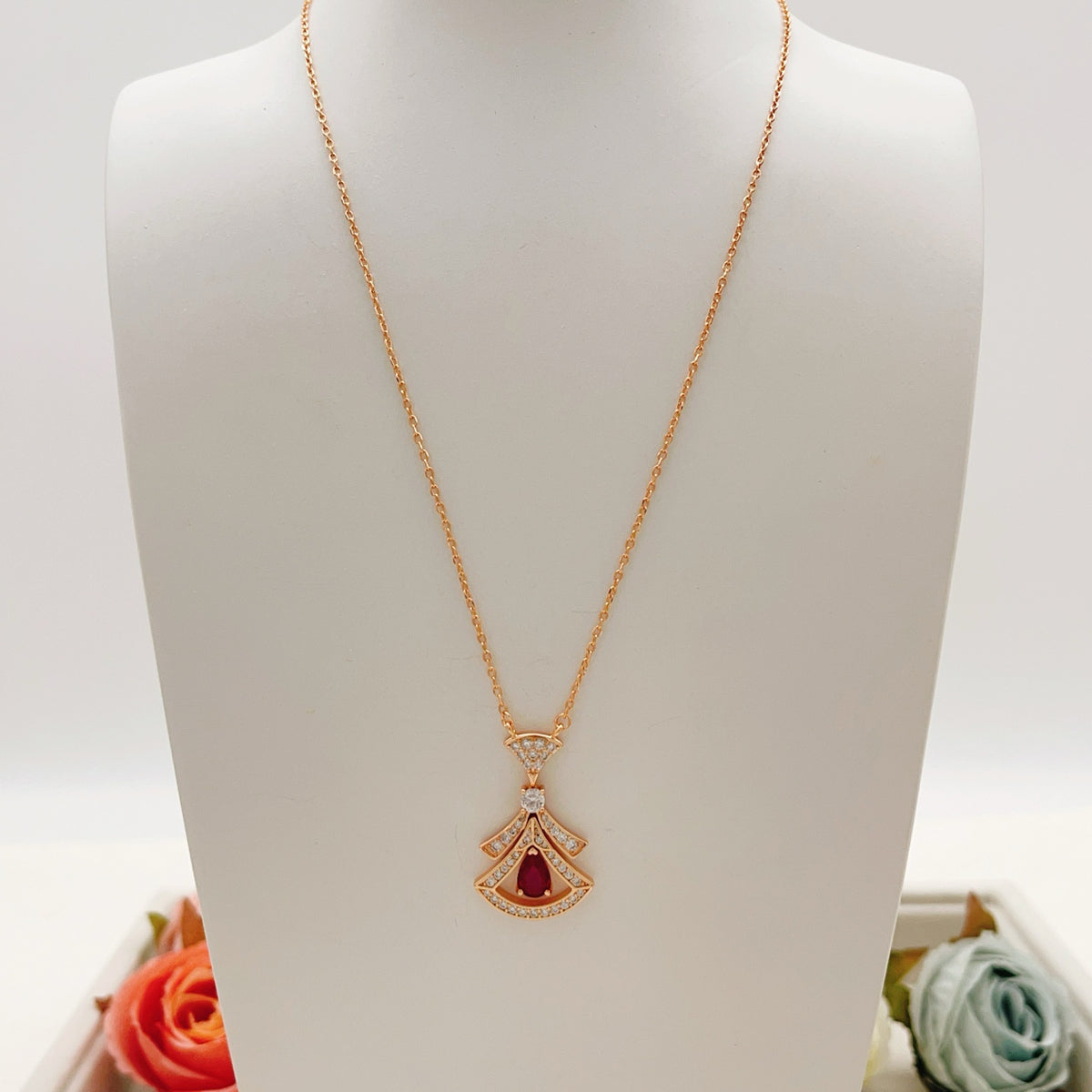 Geometric Emblem Pendant Necklace in Rose-Gold-Tone – Rose Gold Detail – Design 002 styled product view