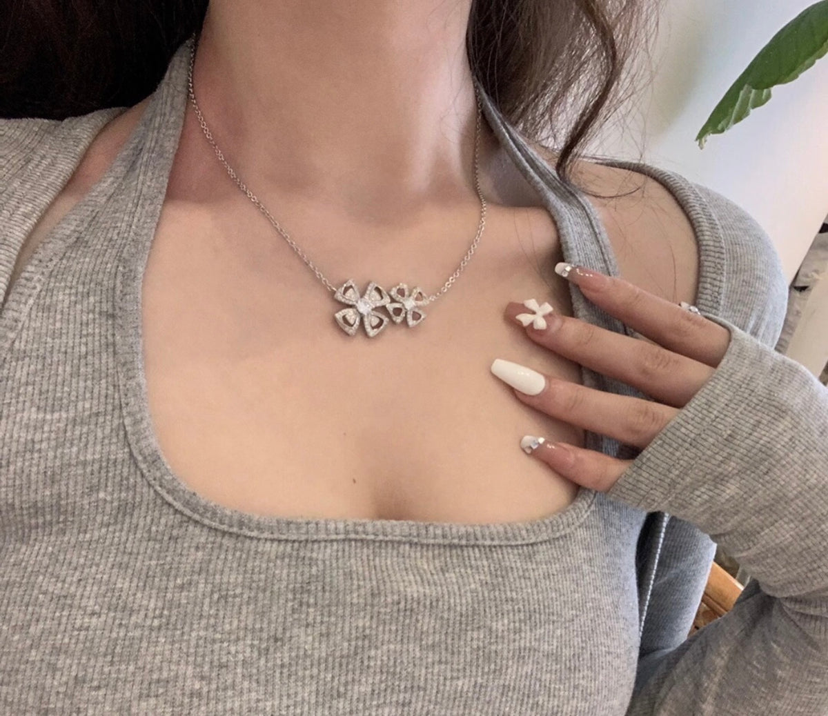 Floral Pendant Necklace in Silver-Tone close-up detail