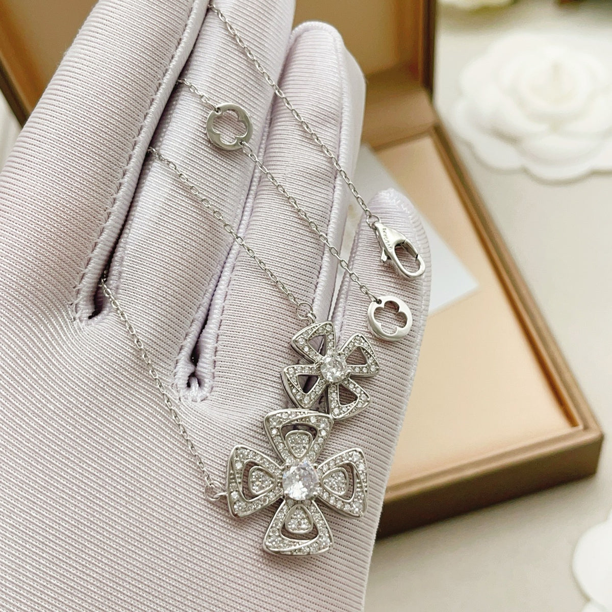 Floral Pendant Necklace in Silver-Tone close-up detail
