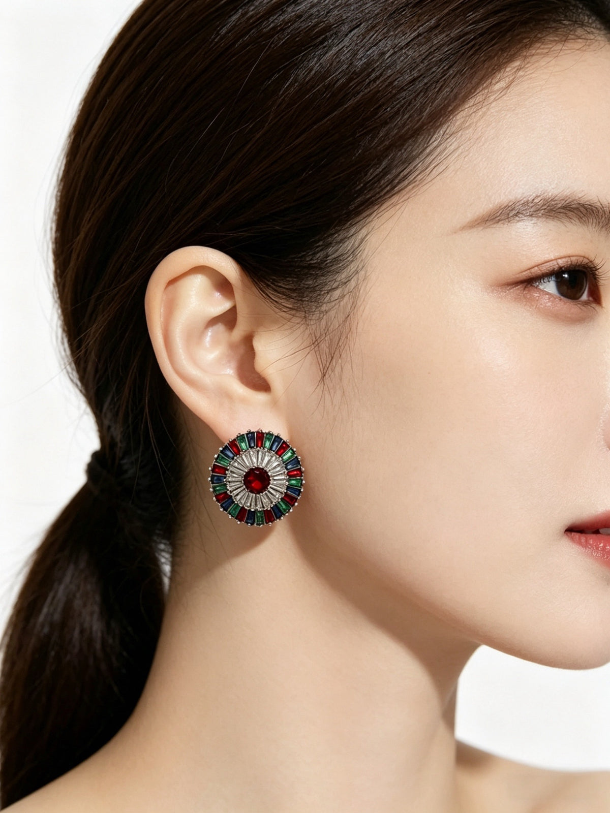 Floral Stud Earrings in Polished Metal-Tone – Crystal Detail side detail