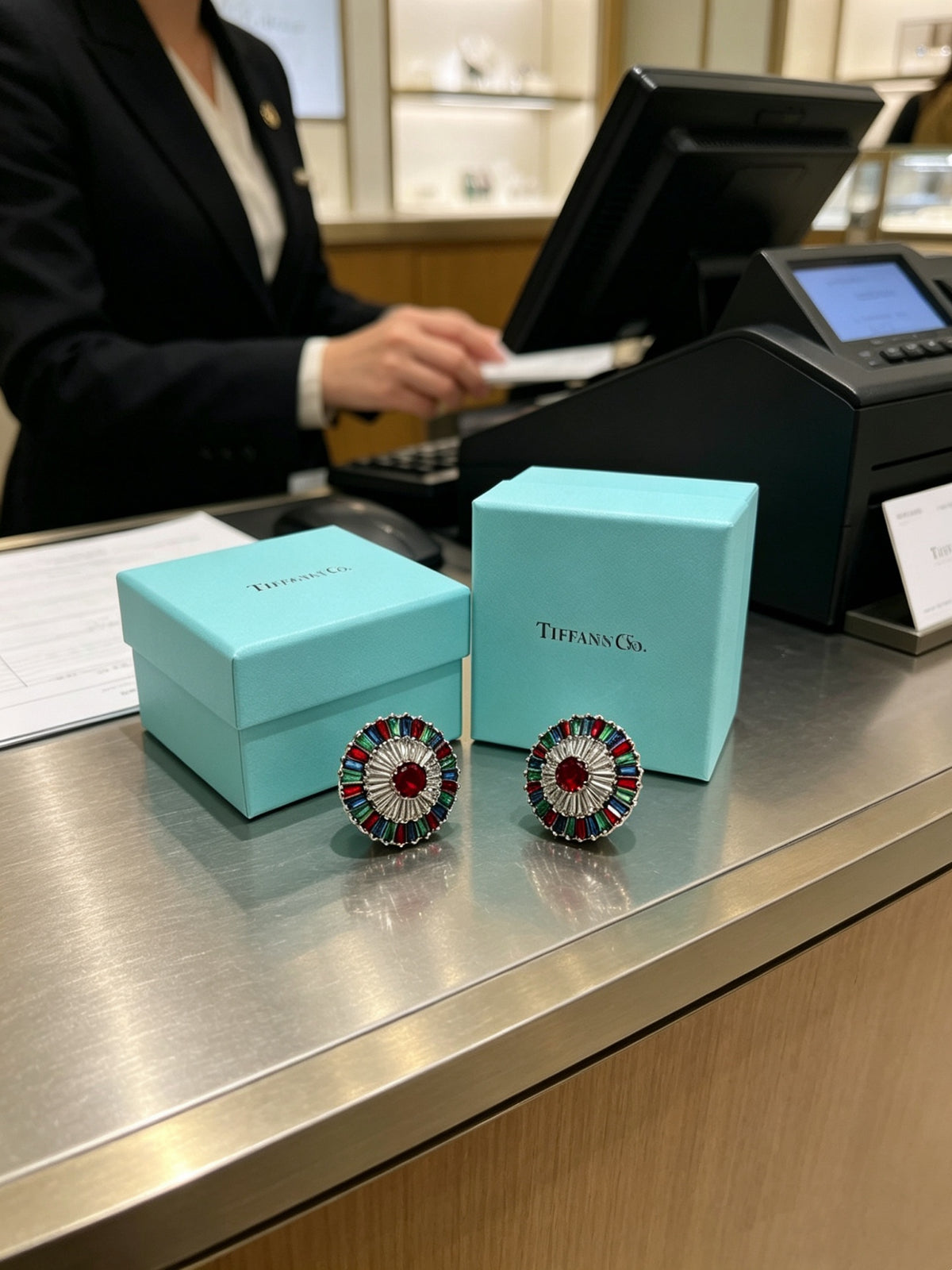 Floral Stud Earrings in Polished Metal-Tone – Crystal Detail detail view