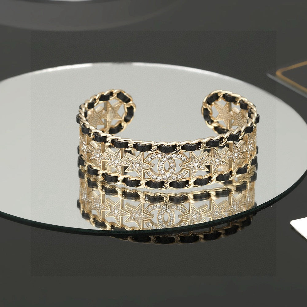 Signature Emblem Bangle in Polished Metal-Tone – Black Detail – Design 003 styled product view