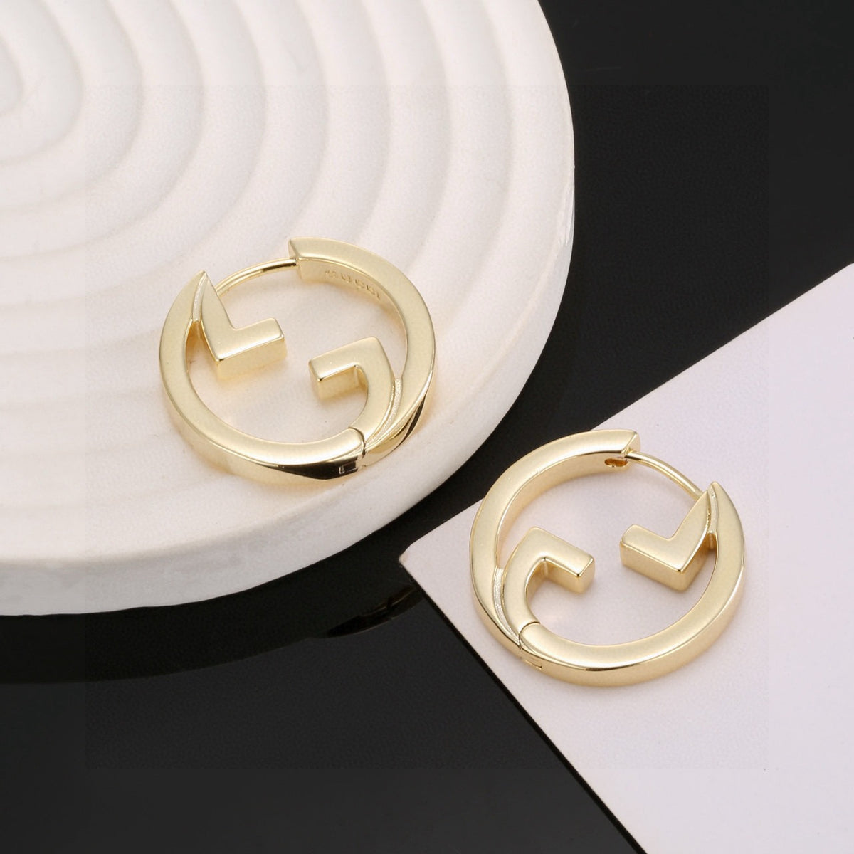 Geometric Emblem Stud Earrings in Polished Metal-Tone – Design 034 main product view