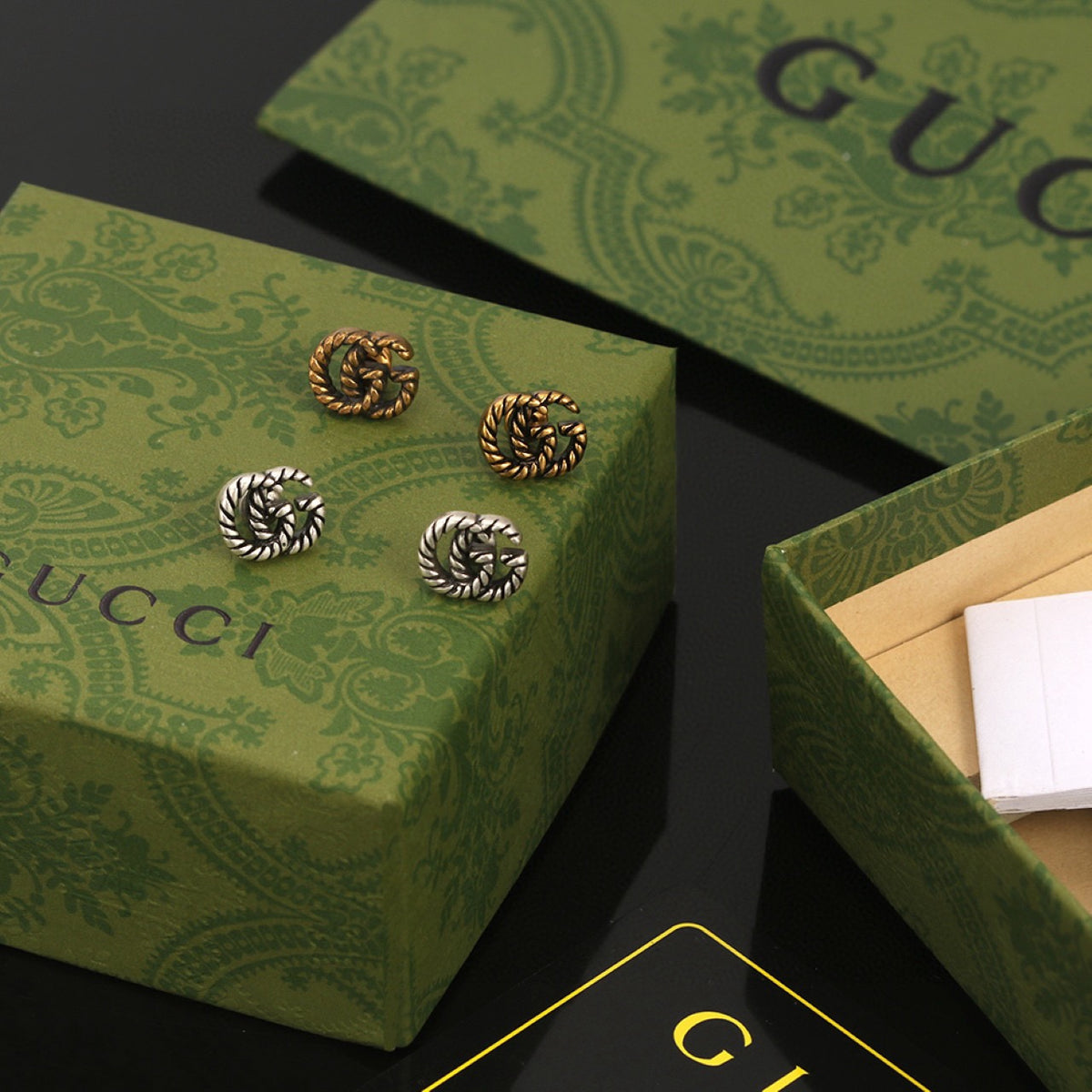 Geometric Emblem Stud Earrings in Polished Metal-Tone – Design 040 detail view