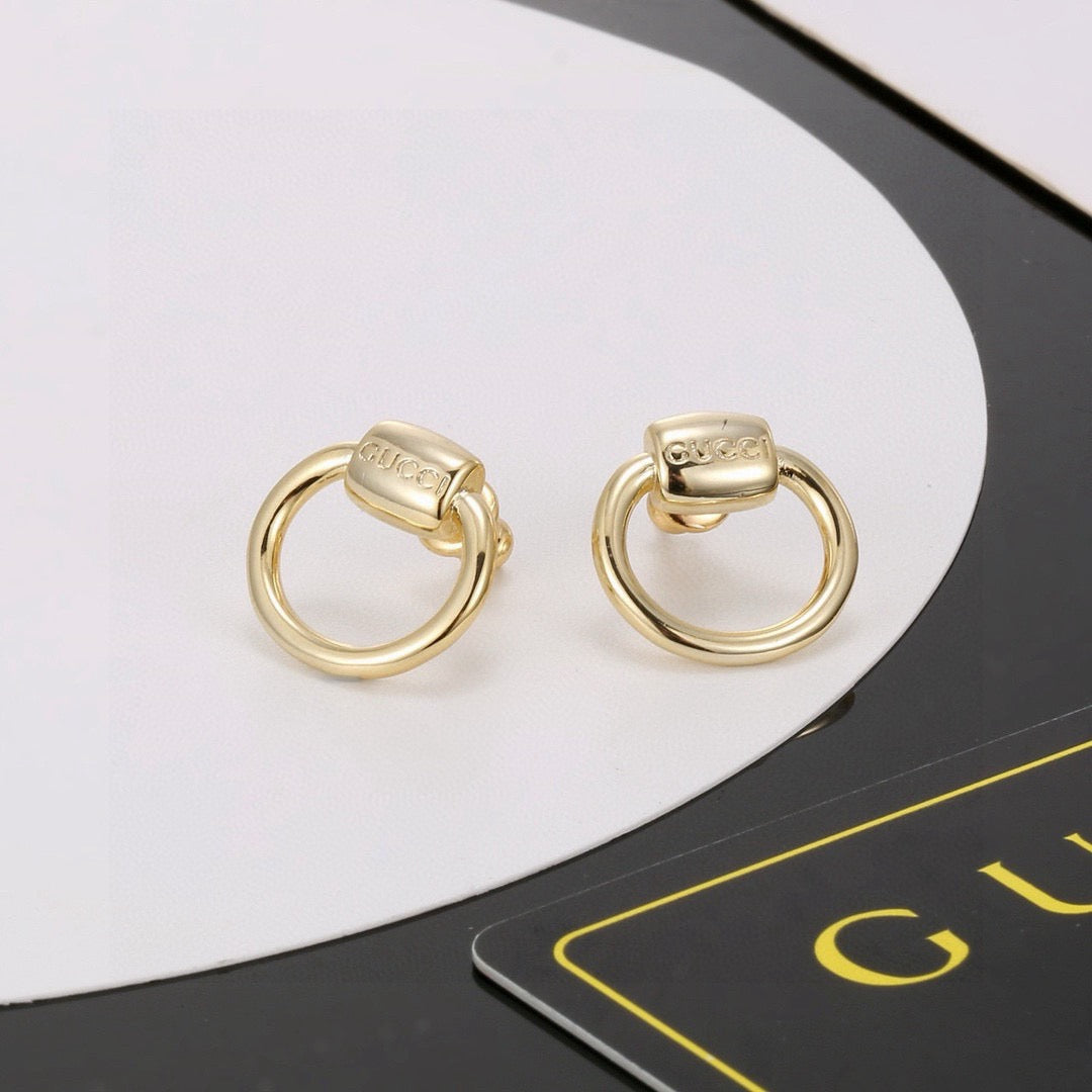 Geometric Emblem Stud Earrings in Polished Metal-Tone – Design 041 close-up detail