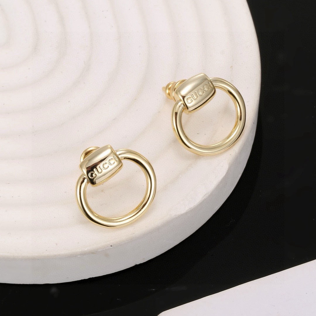 Geometric Emblem Stud Earrings in Polished Metal-Tone – Design 032 detail view