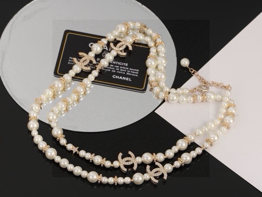 Double-C Emblem Pearl-Detail Pendant Necklace – Pearl Detail – Design 062 front product view