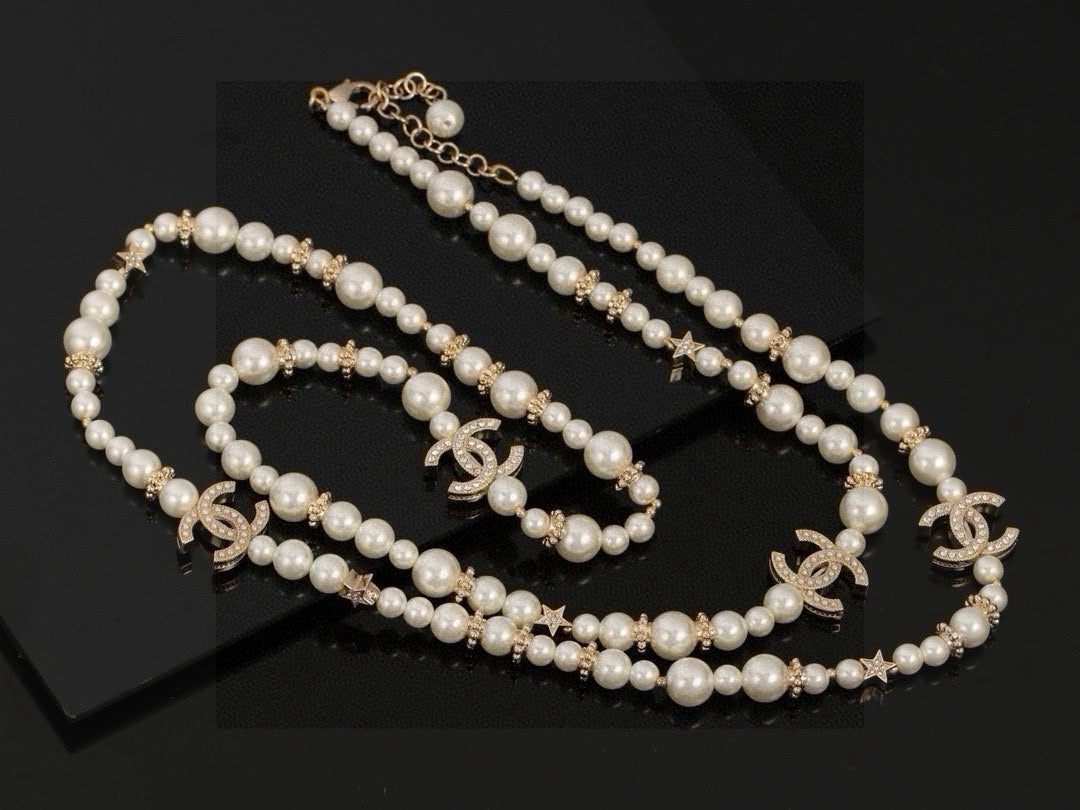 Double-C Emblem Pearl-Detail Pendant Necklace – Pearl Detail – Design 086 front product view