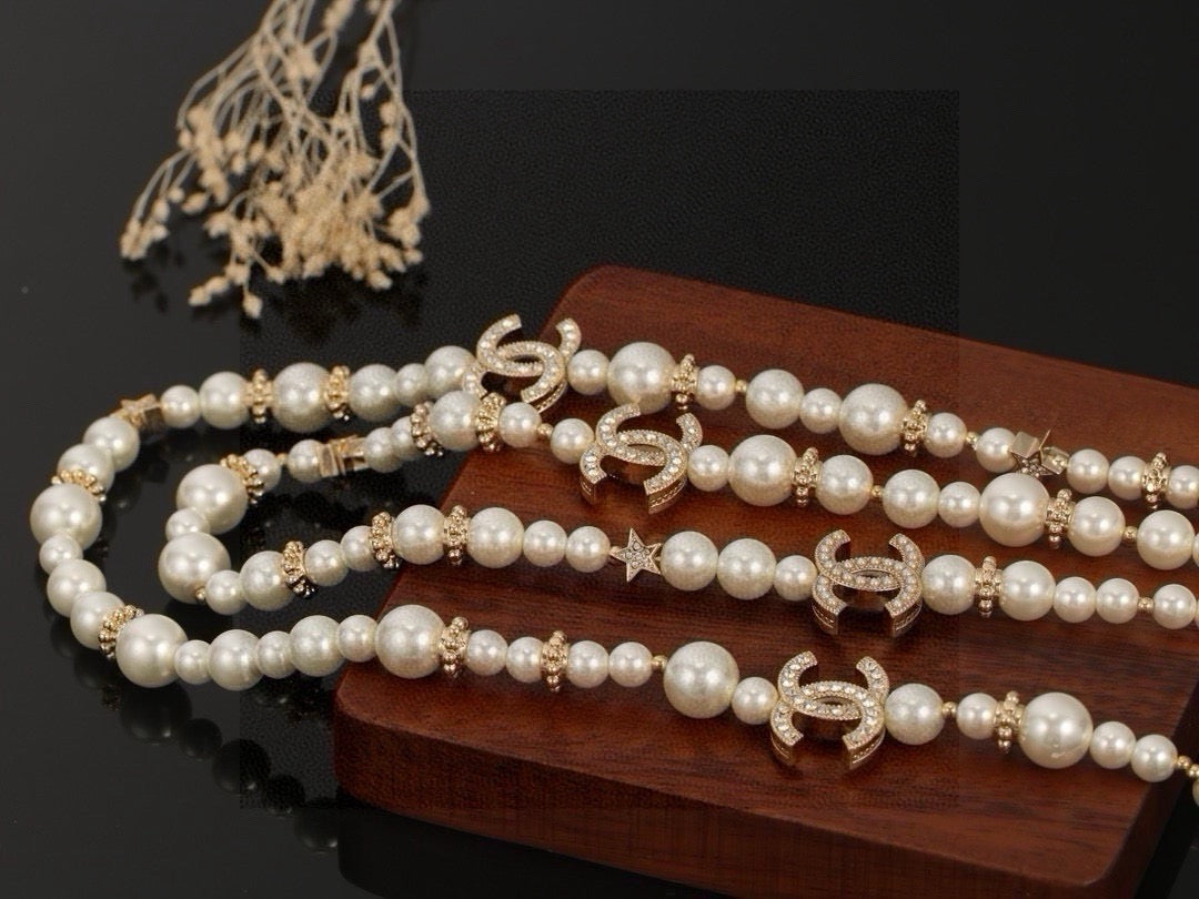 Double-C Emblem Pearl-Detail Pendant Necklace – Pearl Detail – Design 062 styled product view