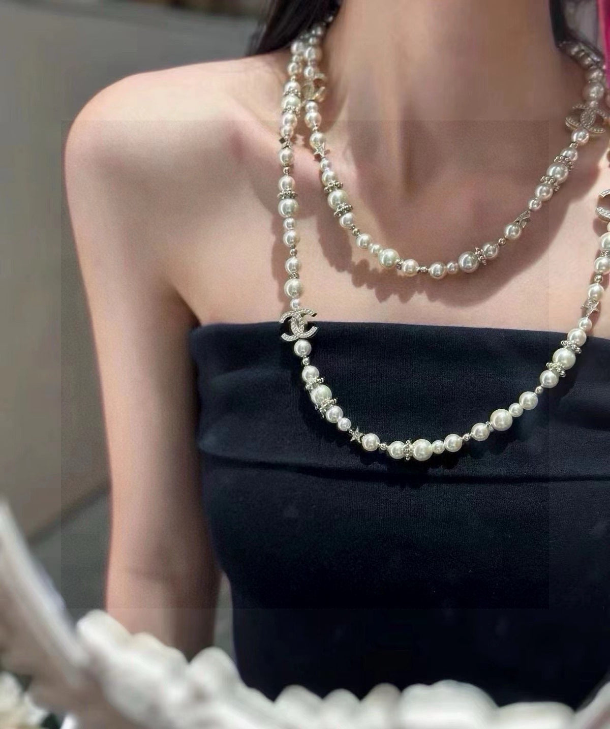 Double-C Emblem Pearl-Detail Pendant Necklace – Pearl Detail – Design 086 detail view