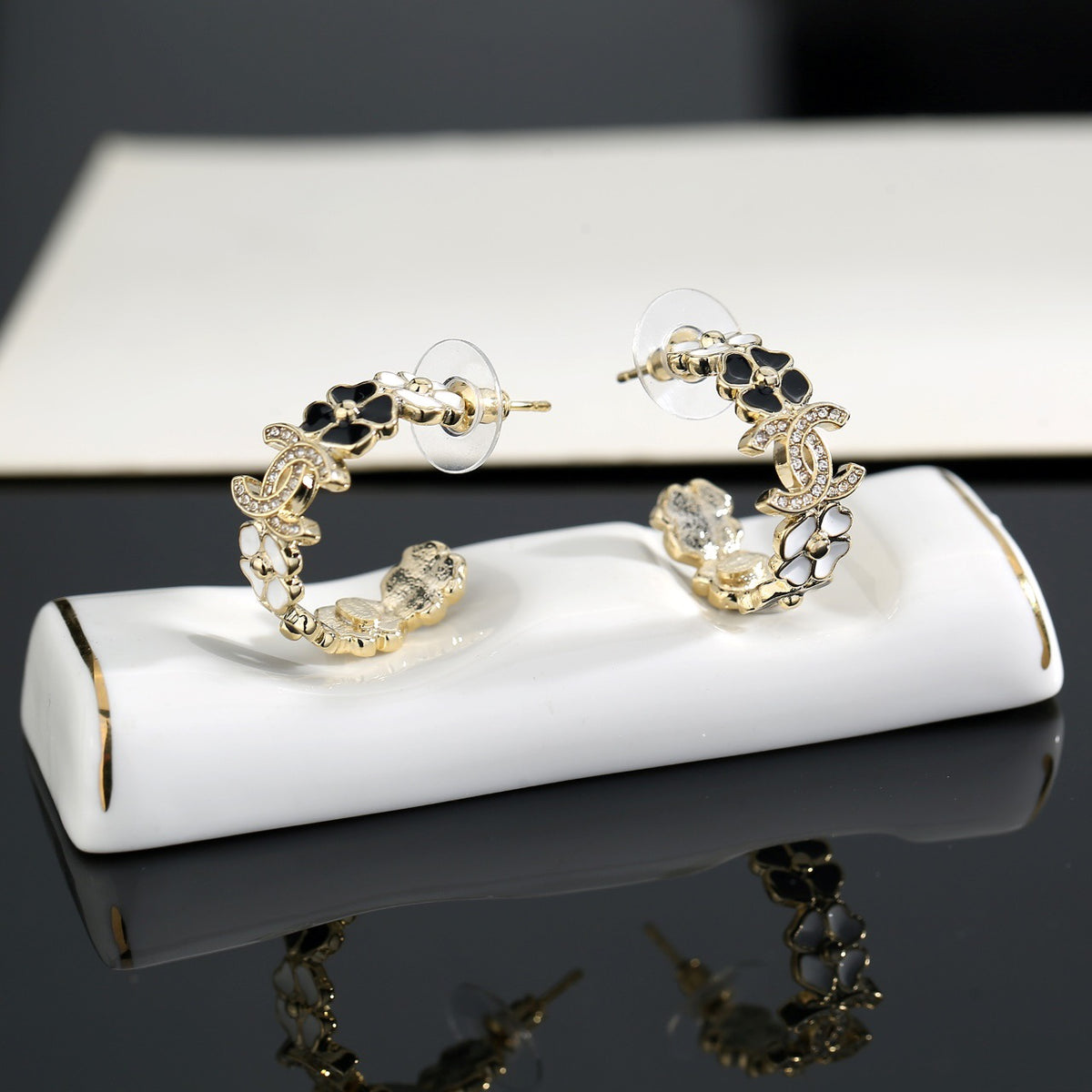 Signature Emblem Stud Earrings in Gold-Tone – Design 052 detail view