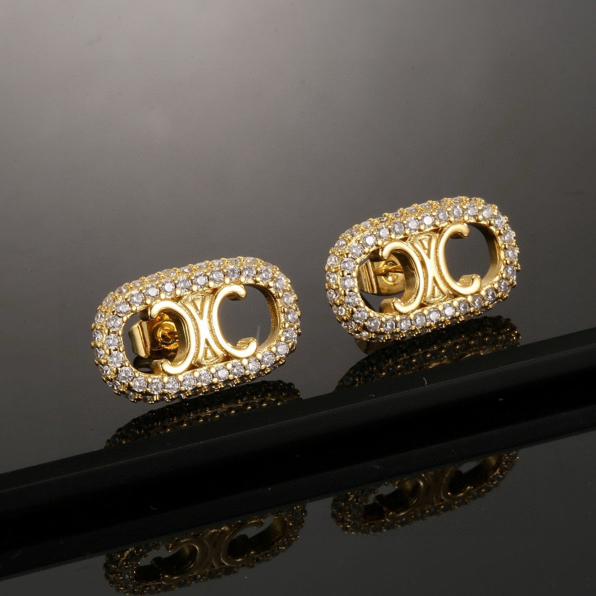 Signature Emblem Stud Earrings in Gold-Tone – Design 04 front view