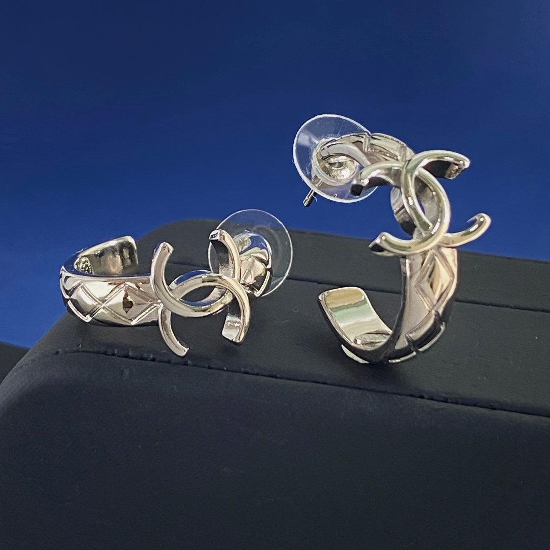 Double-C Emblem Stud Earrings in Silver-Tone – Design 009 styled product view