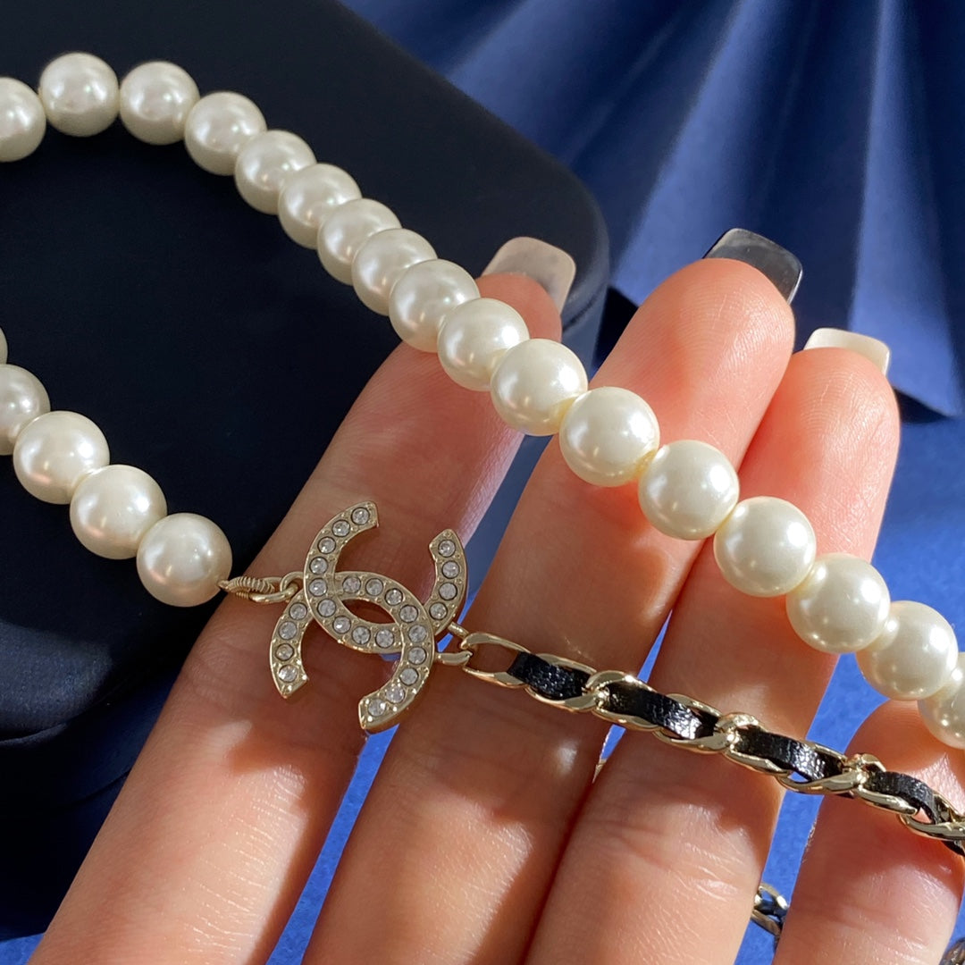 Double-C Emblem Pearl-Detail Pendant Necklace – Pearl Detail – Design 111 front product view