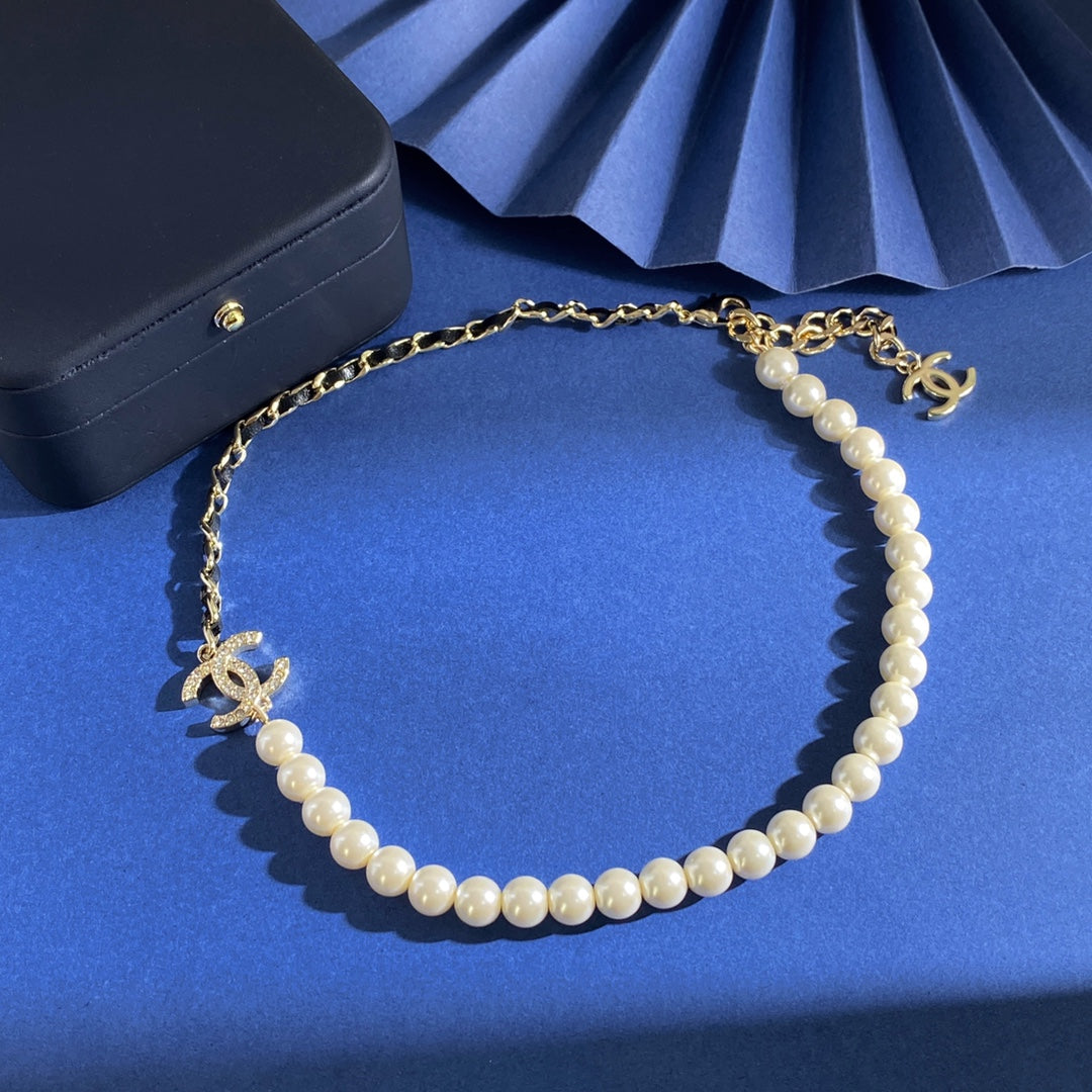Double-C Emblem Pearl-Detail Pendant Necklace – Pearl Detail – Design 111 close-up detail