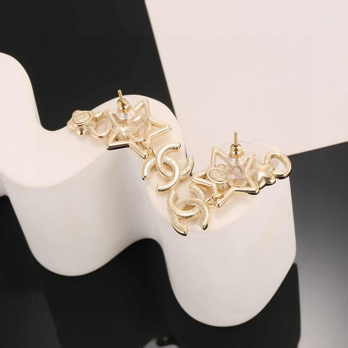Double-C Emblem Stud Earrings in Gold-Tone – Star Detail – Design 005 front product view