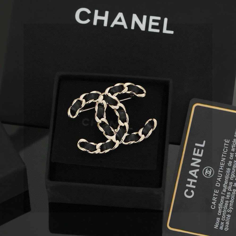 Signature Emblem Brooch in Polished Metal-Tone – Black Detail – Design 002 front product view