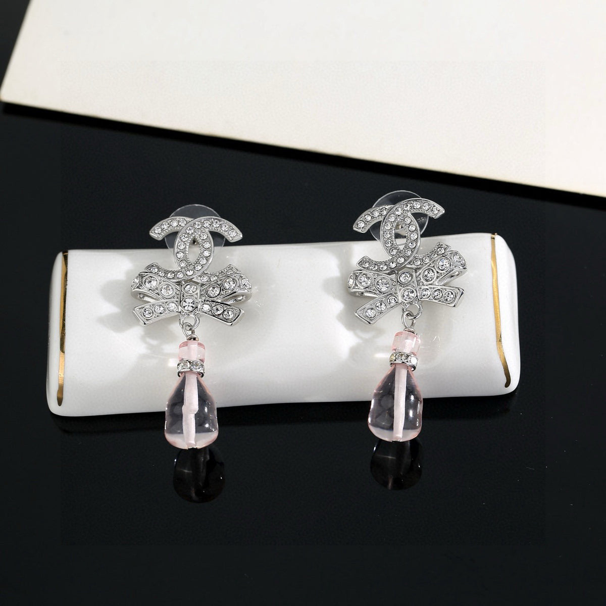 Double-C Emblem Crystal-Accent Stud Earrings – Design 038 side detail