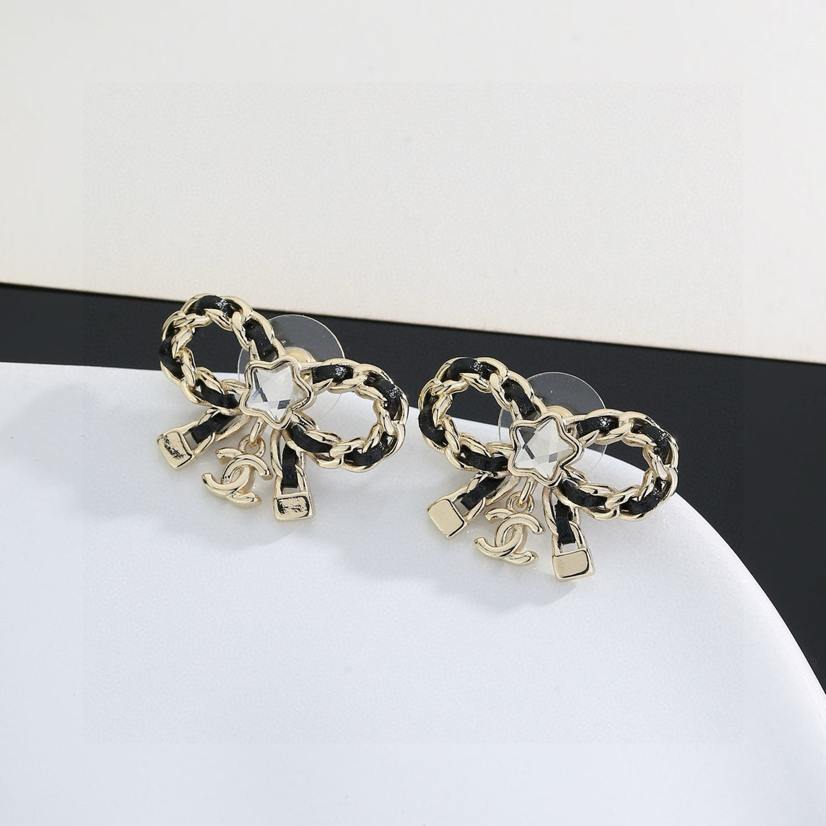 Double-C Emblem Stud Earrings in Polished Metal-Tone – Design 285 side detail