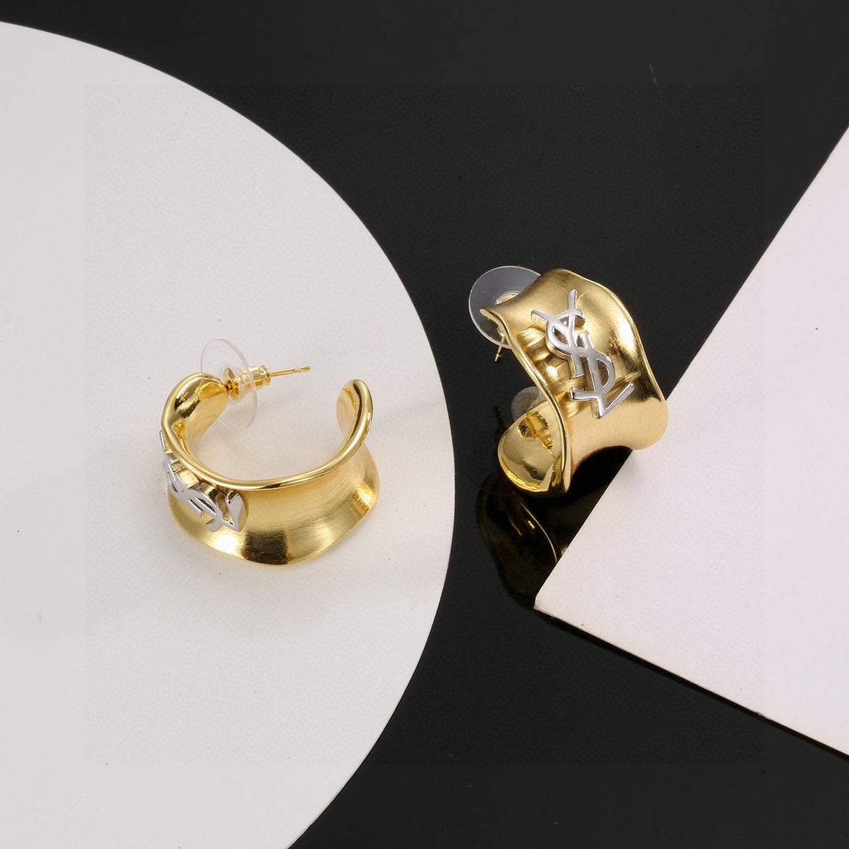 Geometric Emblem Stud Earrings in Gold-Tone – Design 010 side detail
