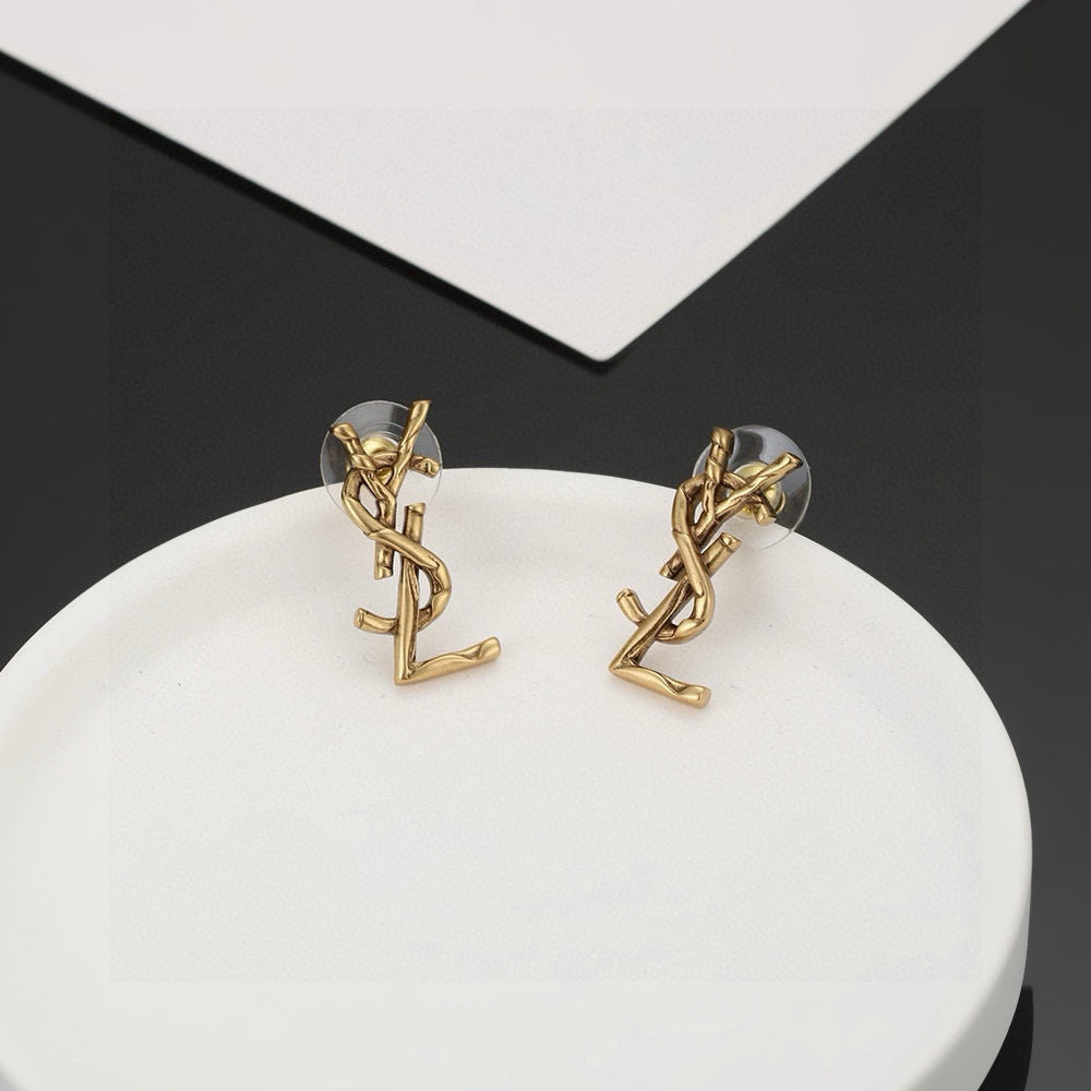 Geometric Emblem Stud Earrings in Gold-Tone – Design 009 detail view