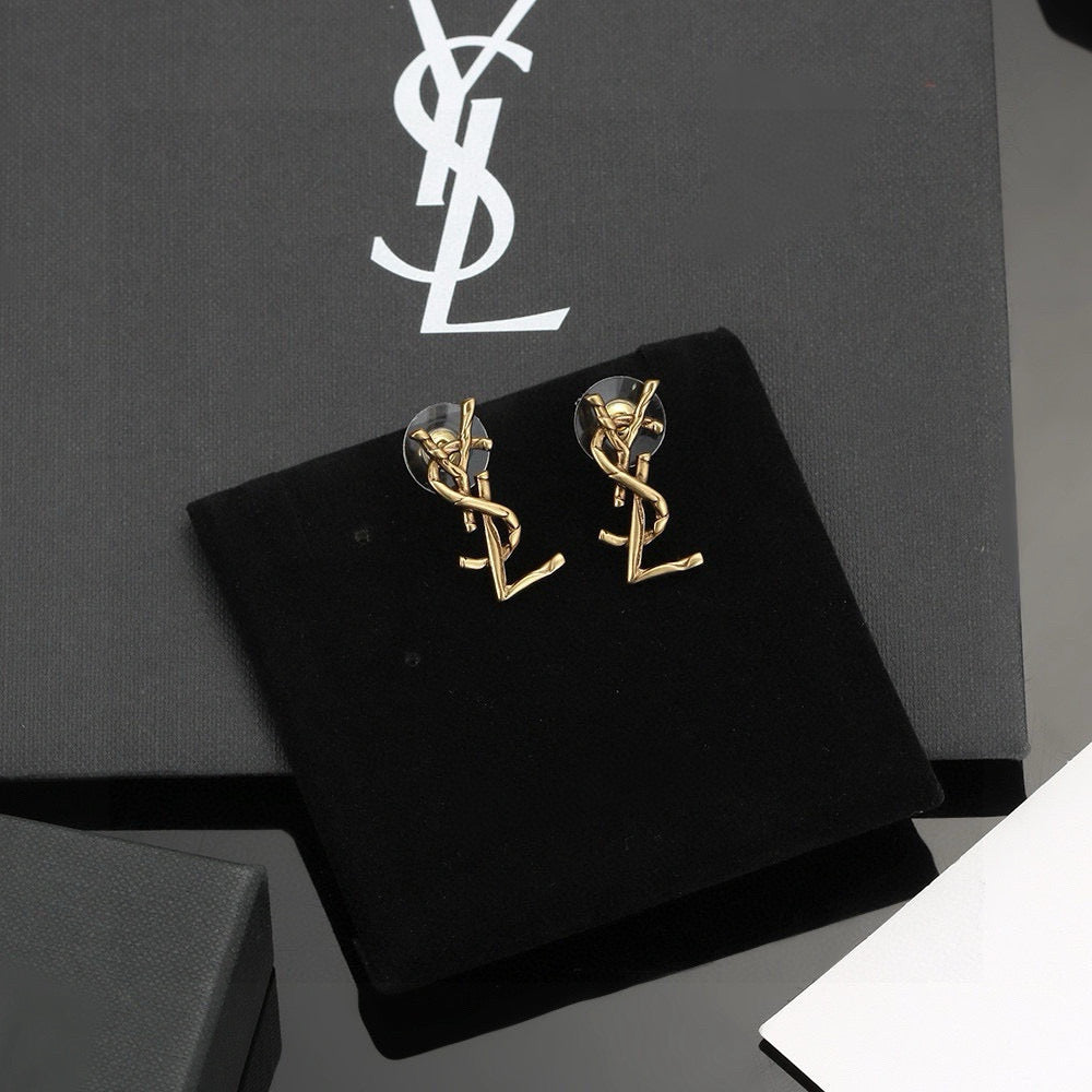 Geometric Emblem Stud Earrings in Gold-Tone – Design 009 front product view