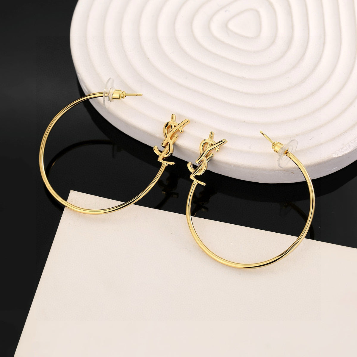 Geometric Emblem Stud Earrings in Gold-Tone – Design 008 side detail