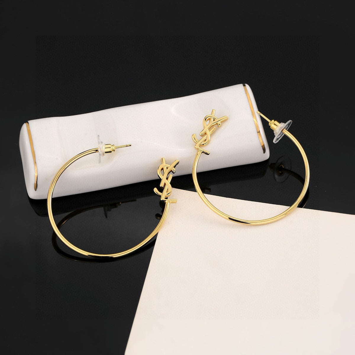 Geometric Emblem Stud Earrings in Gold-Tone – Design 008 close-up detail