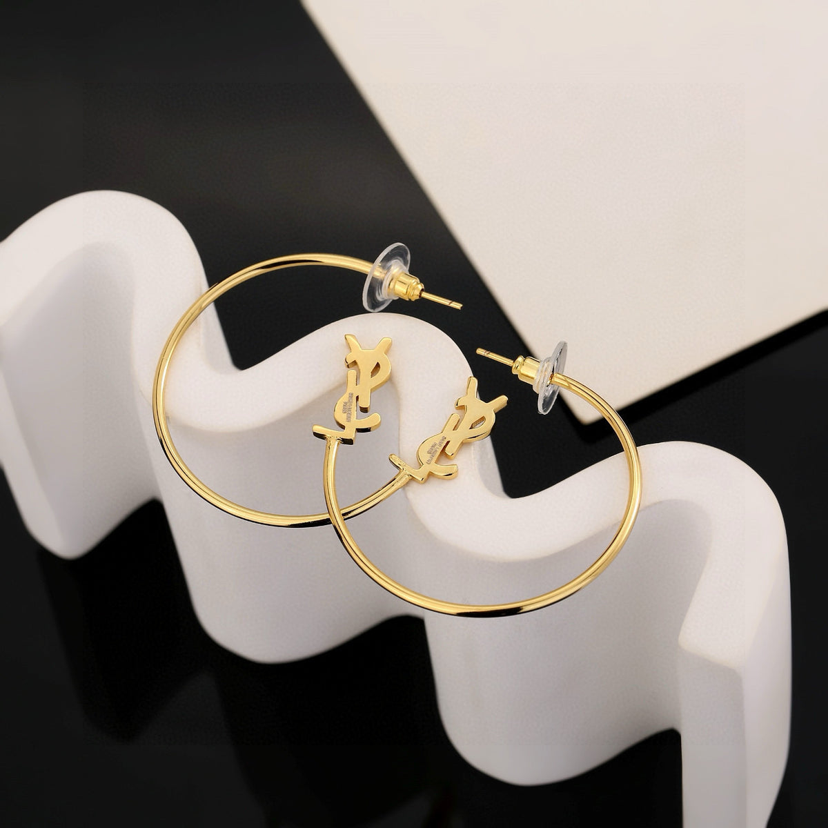 Geometric Emblem Stud Earrings in Gold-Tone – Design 008 detail view