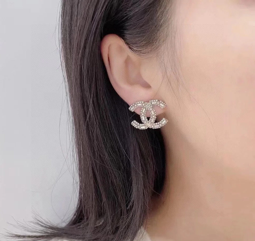 Double-C Emblem Crystal-Accent Stud Earrings – Design 037 detail view
