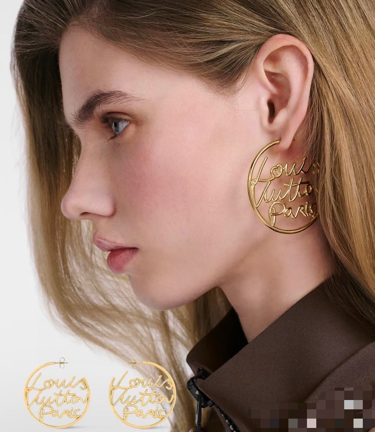 Letter Emblem Stud Earrings in Polished Metal-Tone – Design 022 styled product view