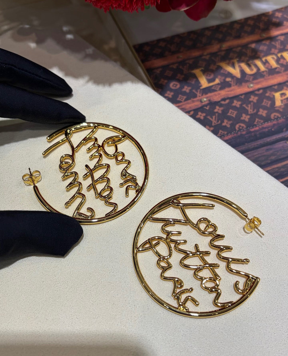 Letter Emblem Stud Earrings in Polished Metal-Tone – Design 022 front product view