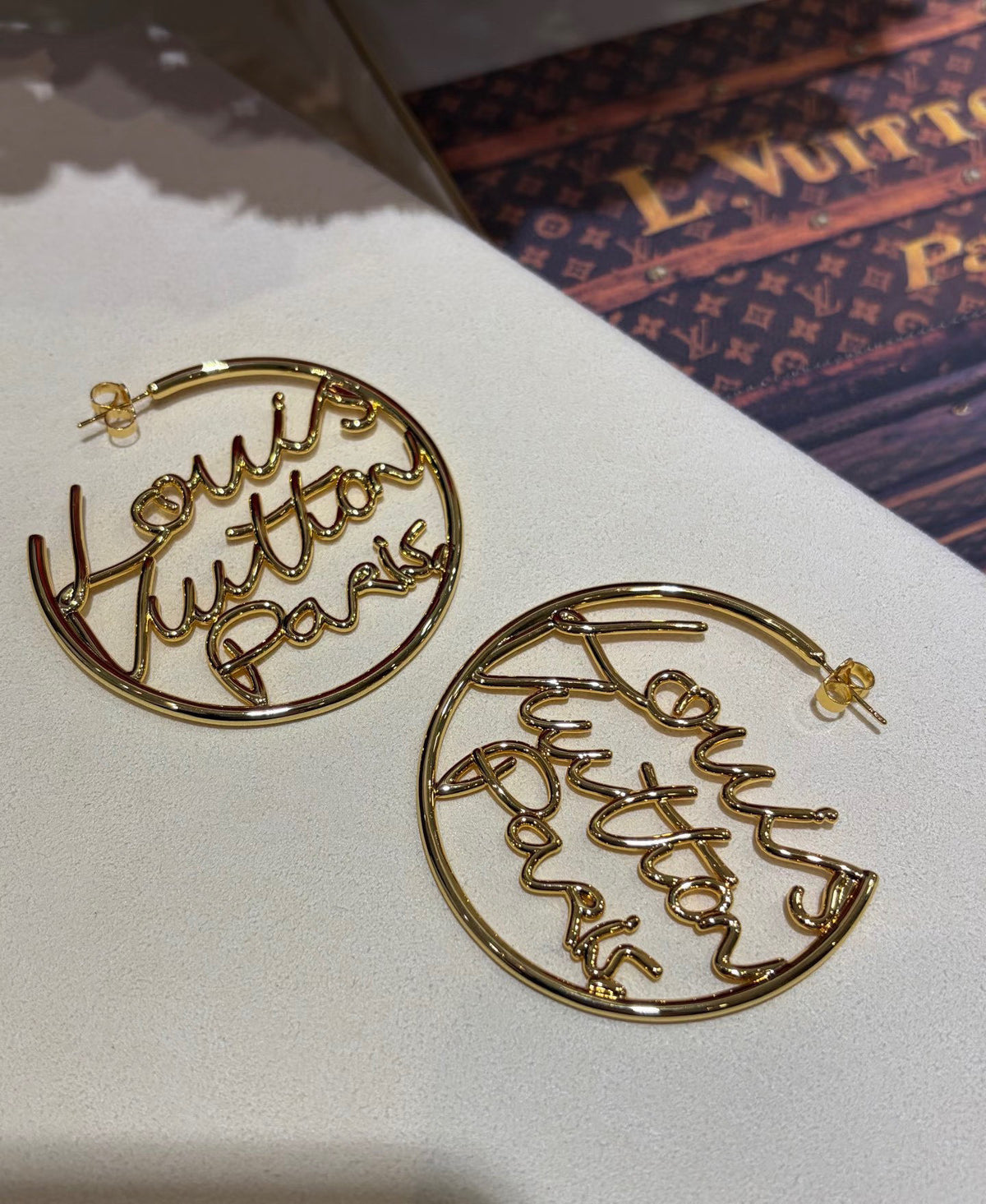 Letter Emblem Stud Earrings in Polished Metal-Tone – Design 022 detail view